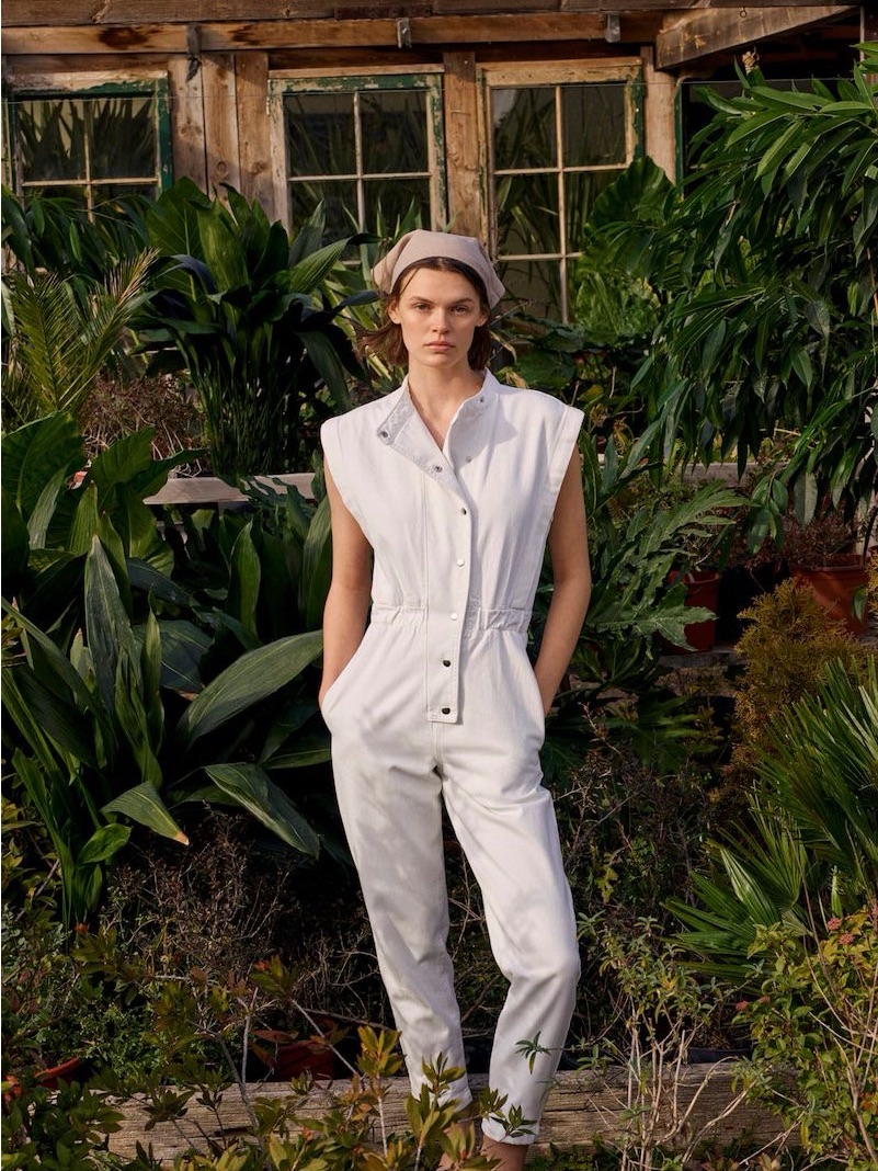 Zara White Denim Utility Jumpsuit Sleeveless Barrel Leg Snap Front Size M